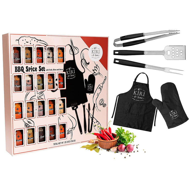 Smokehouse BBQ Grilling Gift Set Spice Set & Tools, Glove, & Apron - Set of 20 Spices & Tools - Any Barbecue Cookout, Grill Gifts - Flavors Include, Smoky Chipotle, Dry Rub, Seasoning Kiri&Son&