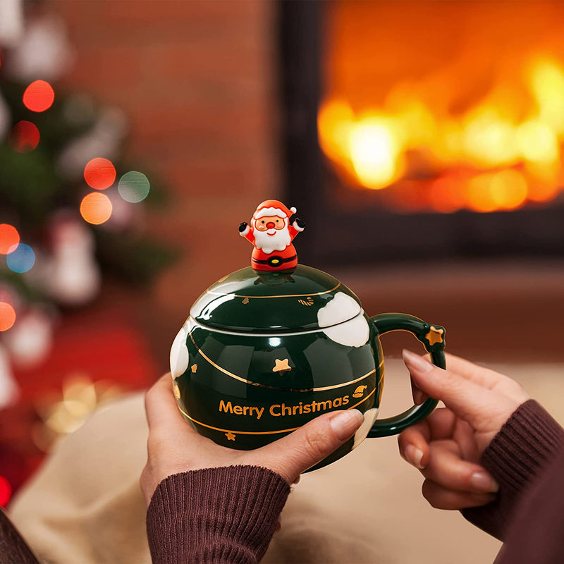 Christmas Kids Mug Santa Claus Large Festive Happy Spehre Mug - Santa Spoon & Lid - Green - Ceramic Microwave & Dishwasher Safe - 14oz Holiday Mugs - Coffee, Hot Chocolate, Eggnog - Merry Gift