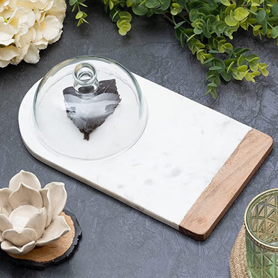 White Marble Glass Domed Cheese Board, & Cake Stand with Lid Glass Cloche Cover Gute, Handcrafted Acacia Wood Decorative, Centerpiece Platter, Kitchen Server Slab Tray Display Pastries, Pies 13x7