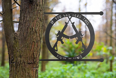 Metal No Trespassing Sign "You're In Range" Gun Metal Door, Wall or Tree Hanger Sign Decoration by GUTE - Metal Wall Art - Outdoor/Indoor Monogram (12.5" Tall, 17.3" Wide, Black) - Hanger, Gun Owners (You're in Range)