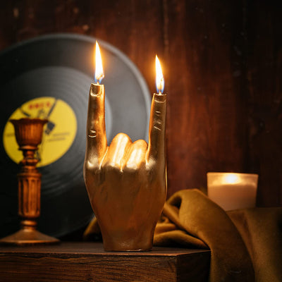 Gute Rock & Roll Hand Candle, Sign of The Horns Hand Gesture Candle, Gift for Music Lovers, Rockers, Bikers, Rock Lovers! - 15x10cm (Gold)