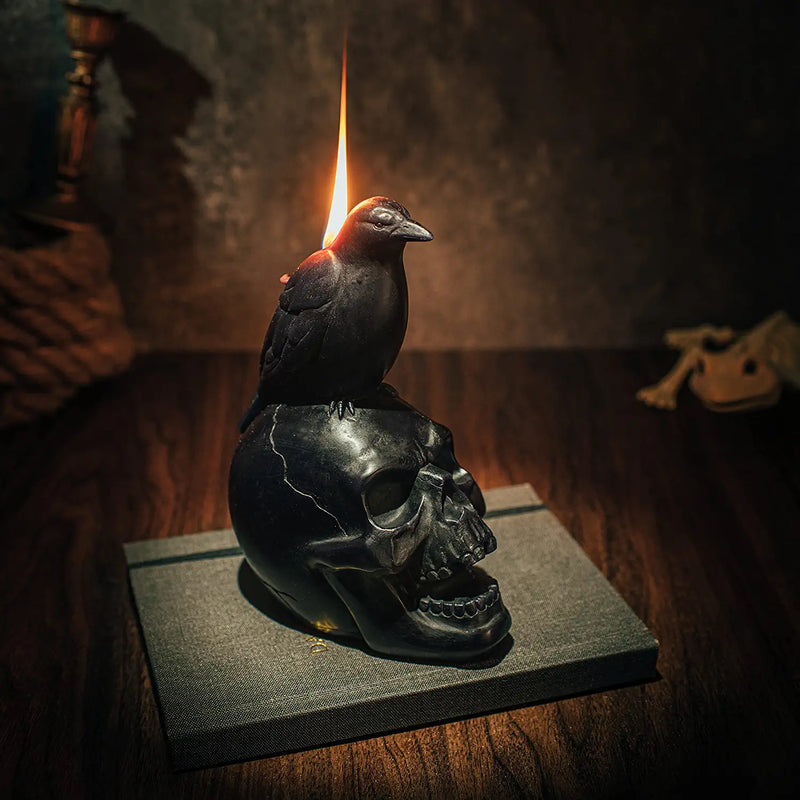 Crow Raven Skull Candle - Gothic, Spooky Witchy Room Decor Decorations - Realistic Skeleton Skull & Bones Candles - Vegan 100% Vegetable Wax 6x3 inches Vintage Decoration Home Indoor & Out
