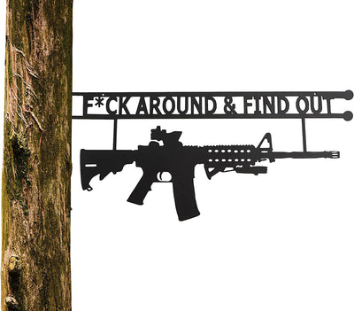 Metal No Trespassing Sign "You're In Range" Gun Metal Door, Wall or Tree Hanger Sign Decoration by GUTE - Metal Wall Art - Outdoor/Indoor Monogram (12.5" Tall, 17.3" Wide, Black) - Hanger, Gun Owners (Fck Around And Find Out)
