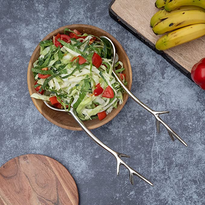 Twig Salad Servers Brass & Stainless Steel, Fork & Spoon Set Leaf Design, Ideal for Weddings, Dinner Parties, Elegant Flatware, Housewarming Gifts, Stainless Steel Mirror Polished (Silver Branch)