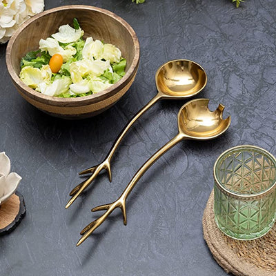 Twig Salad Servers Brass & Stainless Steel, Fork & Spoon Set Leaf Design, Two Tone Ideal for Weddings, Dinner, Elegant Flatware, Housewarming, Stainless Steel Mirror Polished