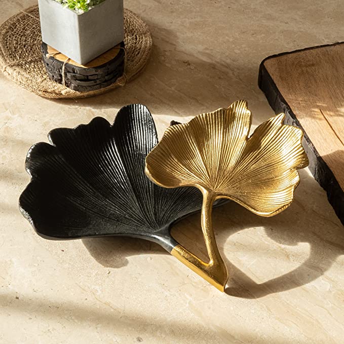 Large Decorative Black & Gold Ginkgo Leaf Tray for Serving Fruits, Appetizers - 2 Tier Centerpiece Home Decor Elegant Serveware Charchuterie Catch All Perfect for Entertaining, Wedding Gifts 11.5x13