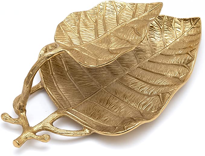 Large Decorative Gold Leaf 2 Tier Serving Centerpiece Tray for Fruits, Appetizers, Meat, Fish, Cakes Hors D&