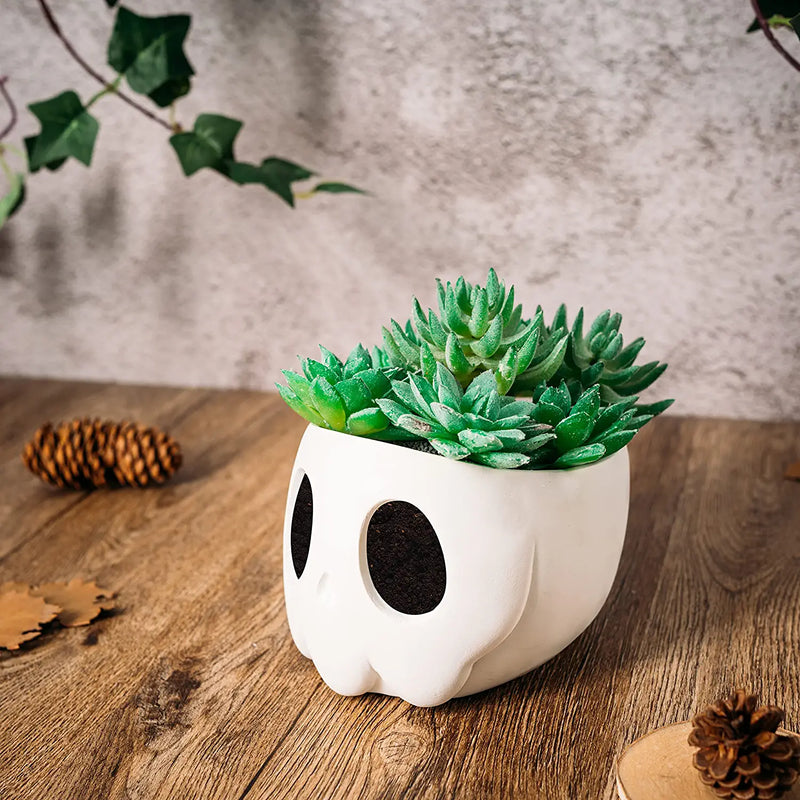 Ghost Geometrical Black Halloween Candy Bowl, Plant Planter Pot 6" Deep Polyresin Skulls Server Tray, Indoor Plants & Flowers - Goth Spooky Décor Black for Outdoor Indoor Trick Or Treat Decor (White)
