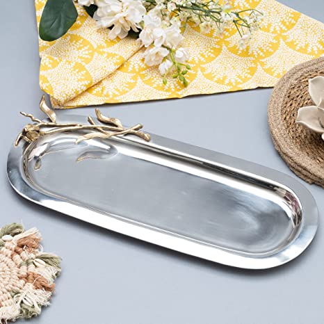 Decorative Oval Centerpiece Serving Tray with Accents by Gute - Stainless Steel Metal & Brass, Gold Budding Flower Design, Serveware Perfect for Deserts, Cupcakes Fruit, Bread, Home Decor Gifts 15"x6"