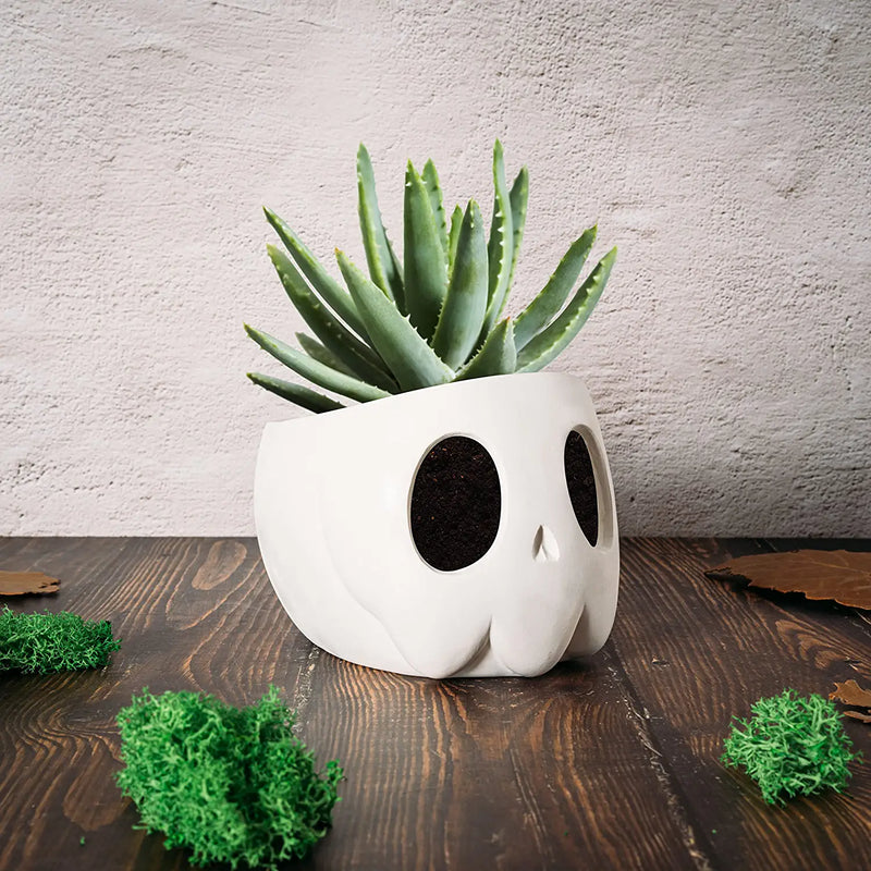 Ghost Geometrical Black Halloween Candy Bowl, Plant Planter Pot 6" Deep Polyresin Skulls Server Tray, Indoor Plants & Flowers - Goth Spooky Décor Black for Outdoor Indoor Trick Or Treat Decor (White)