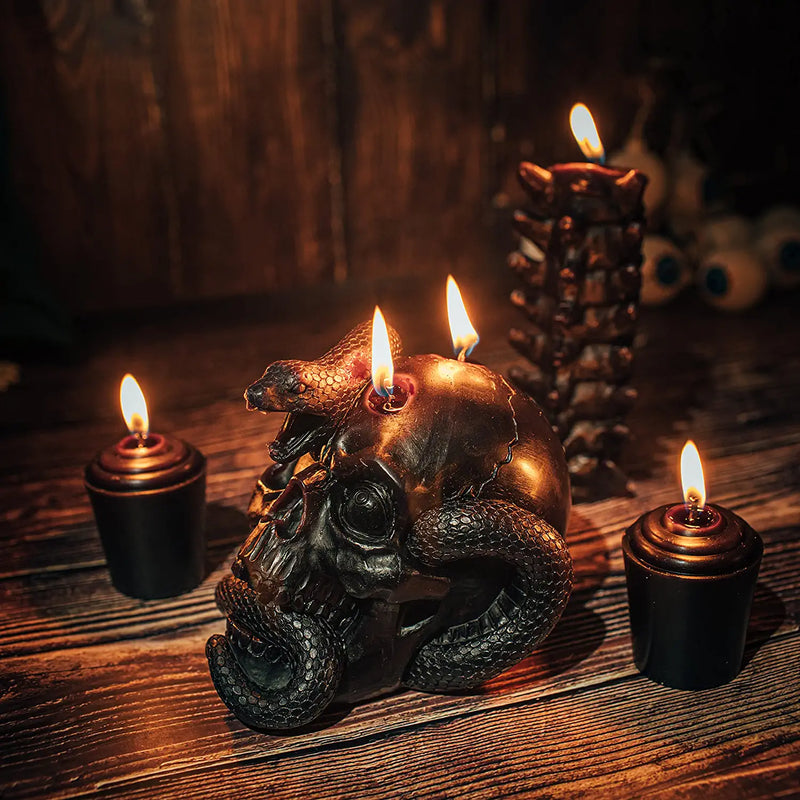 Skull Candles 4 Pack - Halloween Skeleton Snake, Spine & Black Bones Candle, Skulls Candle, Magic Skulls Candlestick Spooky Gothic Emo Decor, Home & Bar Decoration - Large Creepy Satanic - by Gute