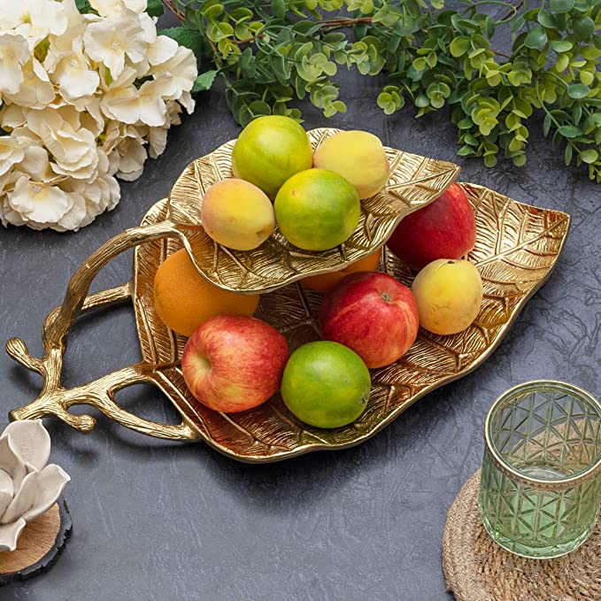 Large Decorative Gold Leaf 2 Tier Serving Centerpiece Tray for Fruits, Appetizers, Meat, Fish, Cakes Hors D&