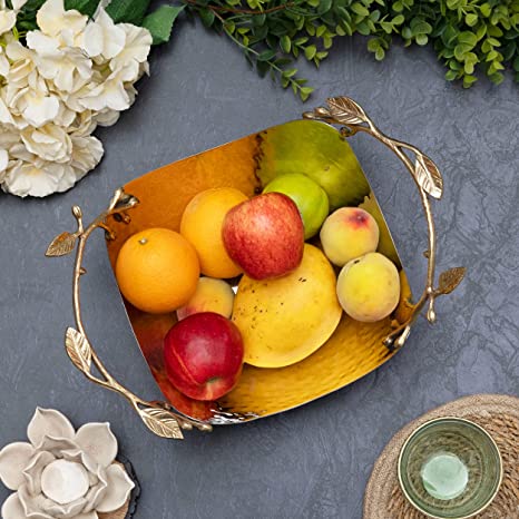 GUTE Decorative Silver Bowl Fruit Catch All Brass Bamboo Vine,  Stainless Steel Metal & Brass, Golden Brass Base Twig Basket Fresh Fruit,  Potpourri Living Room, Dining Table Home Decor 6