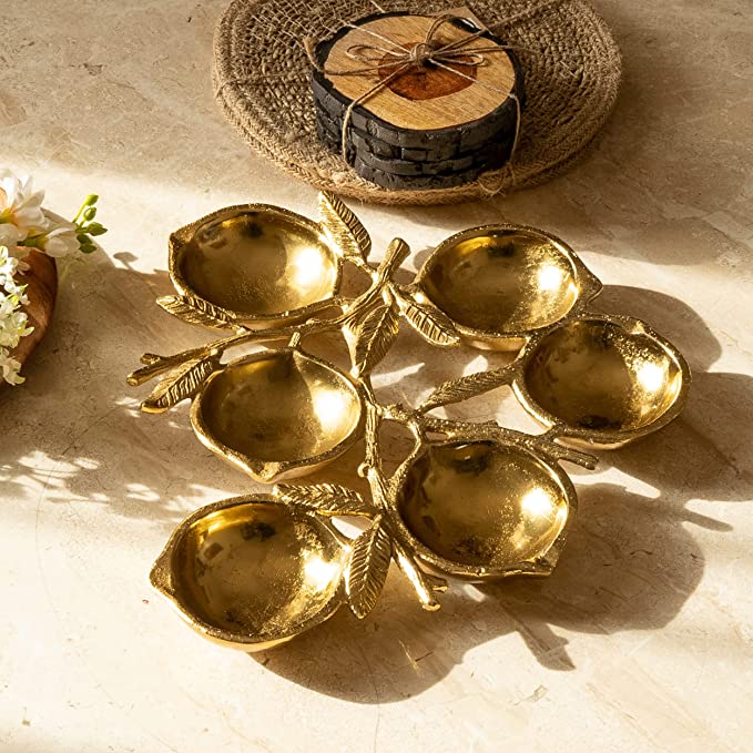 Cluster Decorative Bowls, Bright Gold Lemons, Brass - Decoration, Snack Tray Bowl, Chip and Dip by Gute Strong Brass Beautiful Room Accent, Perfect for Entertaining, Parties, Home & Wedding Gifts 12"
