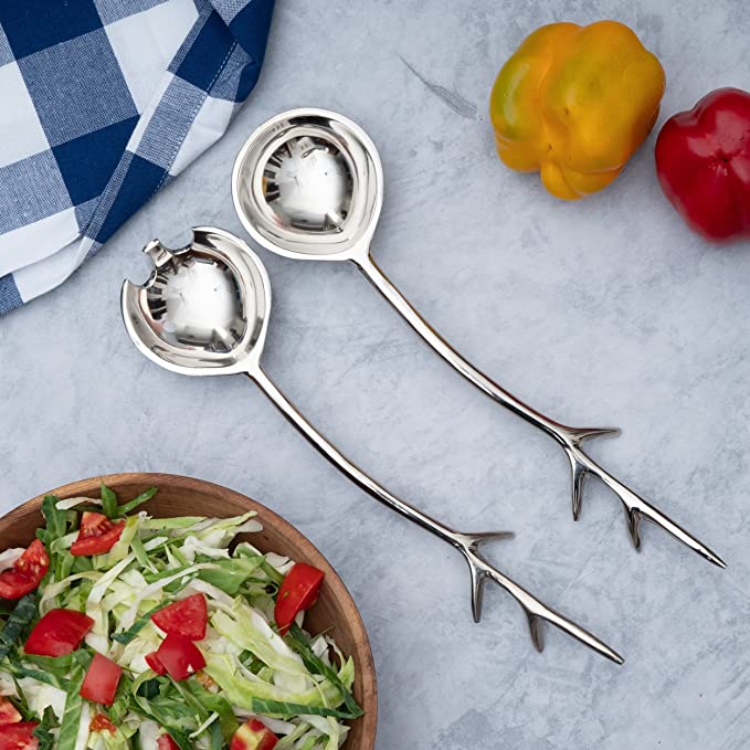 Twig Salad Servers Brass & Stainless Steel, Fork & Spoon Set Leaf Design, Ideal for Weddings, Dinner Parties, Elegant Flatware, Housewarming Gifts, Stainless Steel Mirror Polished (Silver Branch)