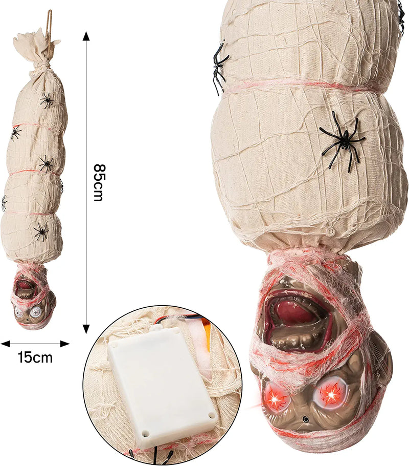 Halloween Motion Animated Hanging Cocoon Corpse Decoration 39in, Halloween Activated Decor, 2023 Version, Creepy Mummy Red Glowing Eyes & Activated Voice, Spider Adorned - Indoor & Outdoor Decorations