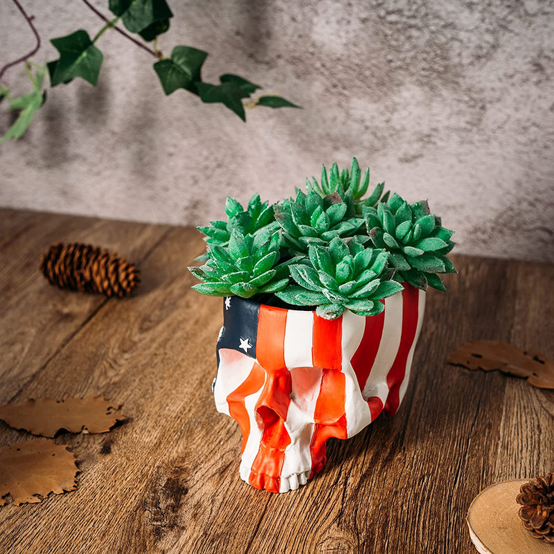 Skeleton Spooky Skull American Flag Plant Planter Pot 6" H Polyresin Skulls Pot for Succulents Outdoor & Indoor Plants & Flowers - Serving Bowl Halloween Goth Red, White, Blue Gifts